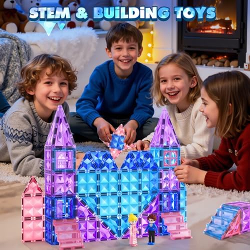 Magnetic Tiles 102pcs | Princess Castle Building Set | Girls' Toys Age 4-8 | Includes 2 Stairs & 2 Dolls | Perfect Birth