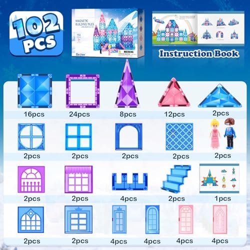 Magnetic Tiles 102pcs | Princess Castle Building Set | Girls' Toys Age 4-8 | Includes 2 Stairs & 2 Dolls | Perfect Birth
