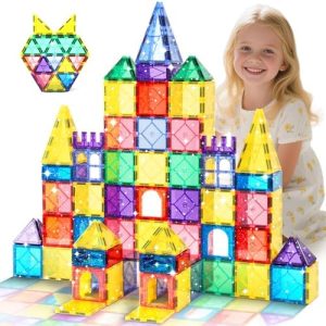 100 Pieces Magnetic Building Tiles for Kids Ages 4-8 | STEM Educational Magnet Toys | Glitter Sensory Building Blocks fo