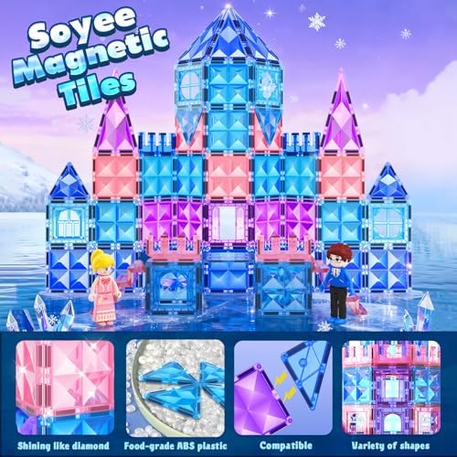 Magnetic Tiles 102pcs | Princess Castle Building Set | Girls' Toys Age 4-8 | Includes 2 Stairs & 2 Dolls | Perfect Birth