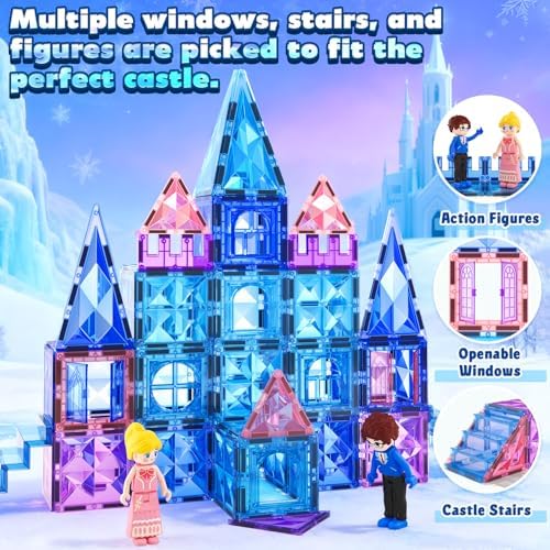 Magnetic Tiles 102pcs | Princess Castle Building Set | Girls' Toys Age 4-8 | Includes 2 Stairs & 2 Dolls | Perfect Birth