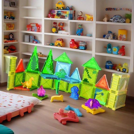 Dinosaur Magnetic Tiles Building Set – STEM Educational Toys for Kids Ages 3+ – Creative 3D Magnetic Blocks with Cute Di