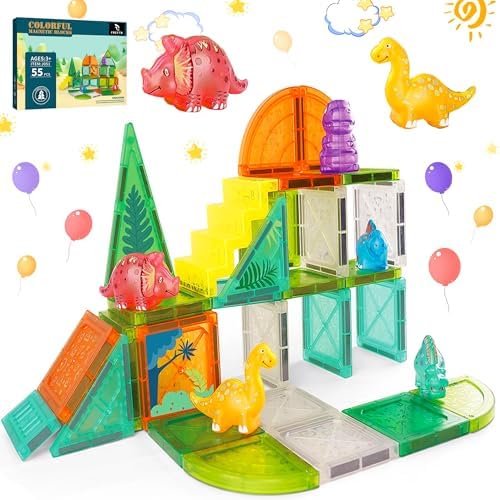 Dinosaur Magnetic Tiles Building Set – STEM Educational Toys for Kids Ages 3+ – Creative 3D Magnetic Blocks with Cute Di