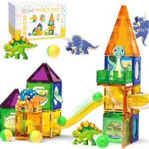 Doloowee Dinosaur Magnetic Blocks Set | 60 Piece DIY Building Tiles for Kids | Educational Fun for Boys & Girls | Enhanc