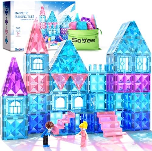 Magnetic Tiles 102pcs | Princess Castle Building Set | Girls' Toys Age 4-8 | Includes 2 Stairs & 2 Dolls | Perfect Birth