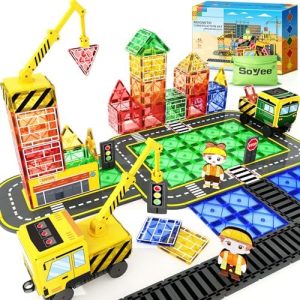 Soyee Magnetic Tiles Construction Toys for Boys Ages 3-7 | 2 Cranes Included | Montessori Sensory Gift for Christmas | I