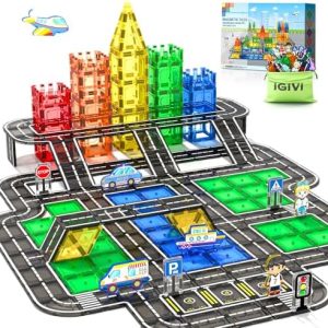 104 PCS Magnetic Tiles Road Set | STEM Construction Toys | Magnet Building Blocks for Kids Ages 3-8 | Creative Learning