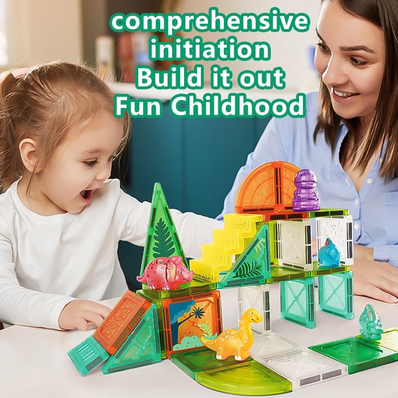 Dinosaur Magnetic Tiles Building Set – STEM Educational Toys for Kids Ages 3+ – Creative 3D Magnetic Blocks with Cute Di